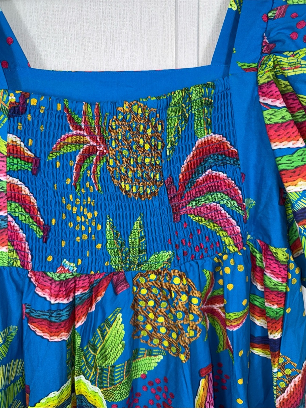 Farm Rio S Pineapple Dress Puff Sleeve Floral Tiered Midi Anthropologie Blue - Picture 10 of 10